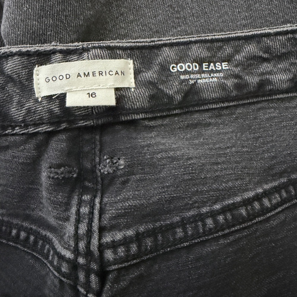 Good American Good Ease Relaxed Edgy 16 Black Distressed Wide Leg Jeans Raw Hem - Picture 5 of 10